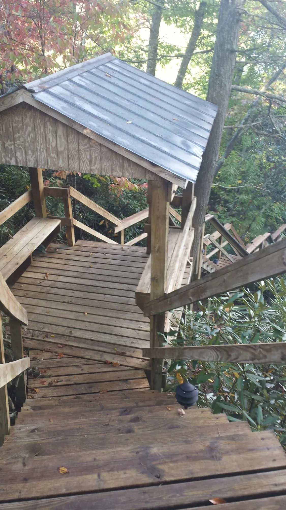 Metal roofed shelter over wooden steps on a wooded walkway — Skylight Repair & Installation work by our crew in Arena
